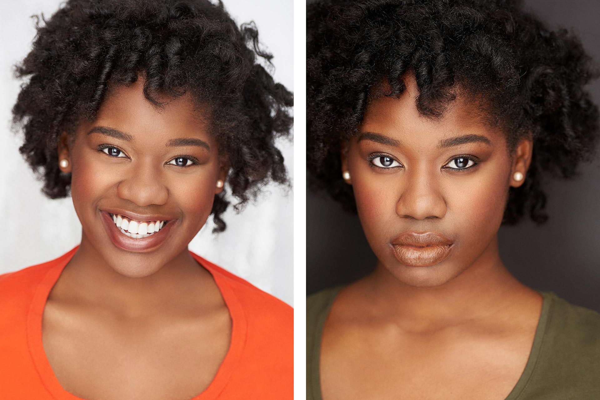 Commercial vs Theatrical Headshots for Actors: A Visual Guide by Sergio Garcia Headshots Smiling actor in a casual outfit for a commercial headshot example, Serious actor with a dark backdrop for a theatrical headshot sample, Female actor with light makeup and natural lighting for a commercial headshot, Male actor in a dramatic pose with moody lighting for a theatrical headshot, Side-by-side comparison of commercial and theatrical headshots of the same actor