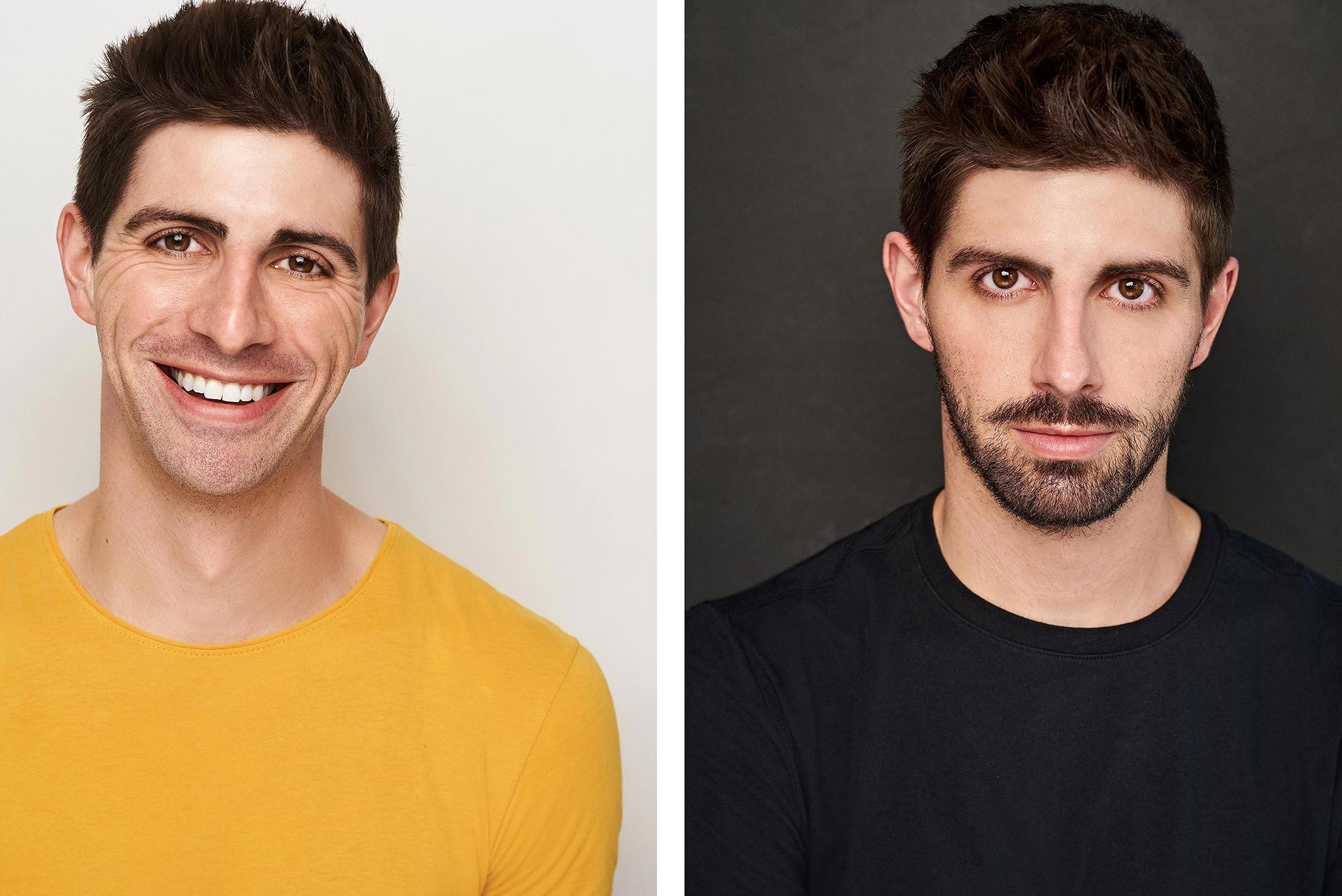 Commercial vs Theatrical Headshots for Actors: A Visual Guide by Sergio Garcia Headshots Smiling actor in a casual outfit for a commercial headshot example, Serious actor with a dark backdrop for a theatrical headshot sample, Female actor with light makeup and natural lighting for a commercial headshot, Male actor in a dramatic pose with moody lighting for a theatrical headshot, Side-by-side comparison of commercial and theatrical headshots of the same actor