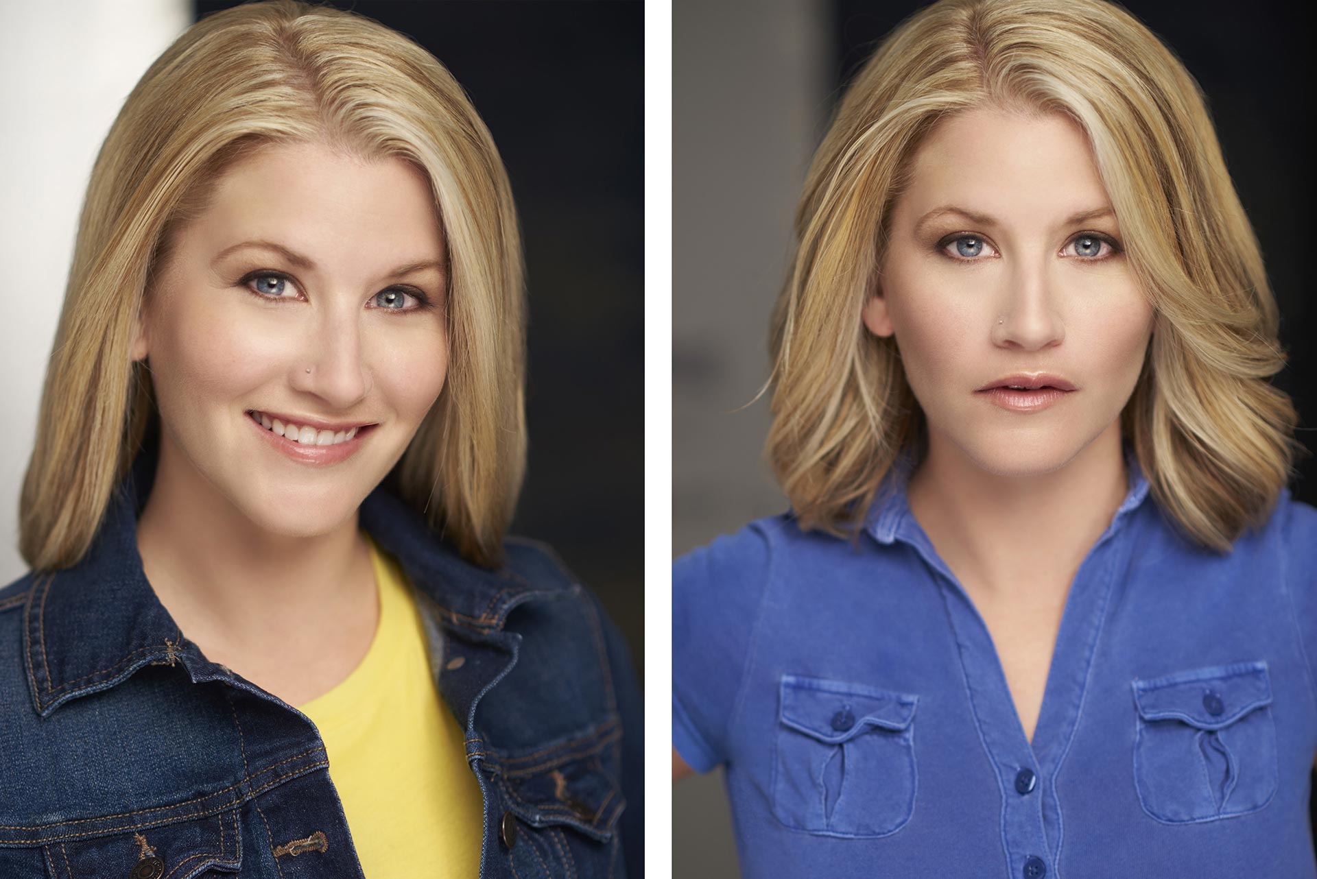 Commercial vs Theatrical Headshots for Actors: A Visual Guide by Sergio Garcia Headshots Smiling actor in a casual outfit for a commercial headshot example, Serious actor with a dark backdrop for a theatrical headshot sample, Female actor with light makeup and natural lighting for a commercial headshot, Male actor in a dramatic pose with moody lighting for a theatrical headshot, Side-by-side comparison of commercial and theatrical headshots of the same actor