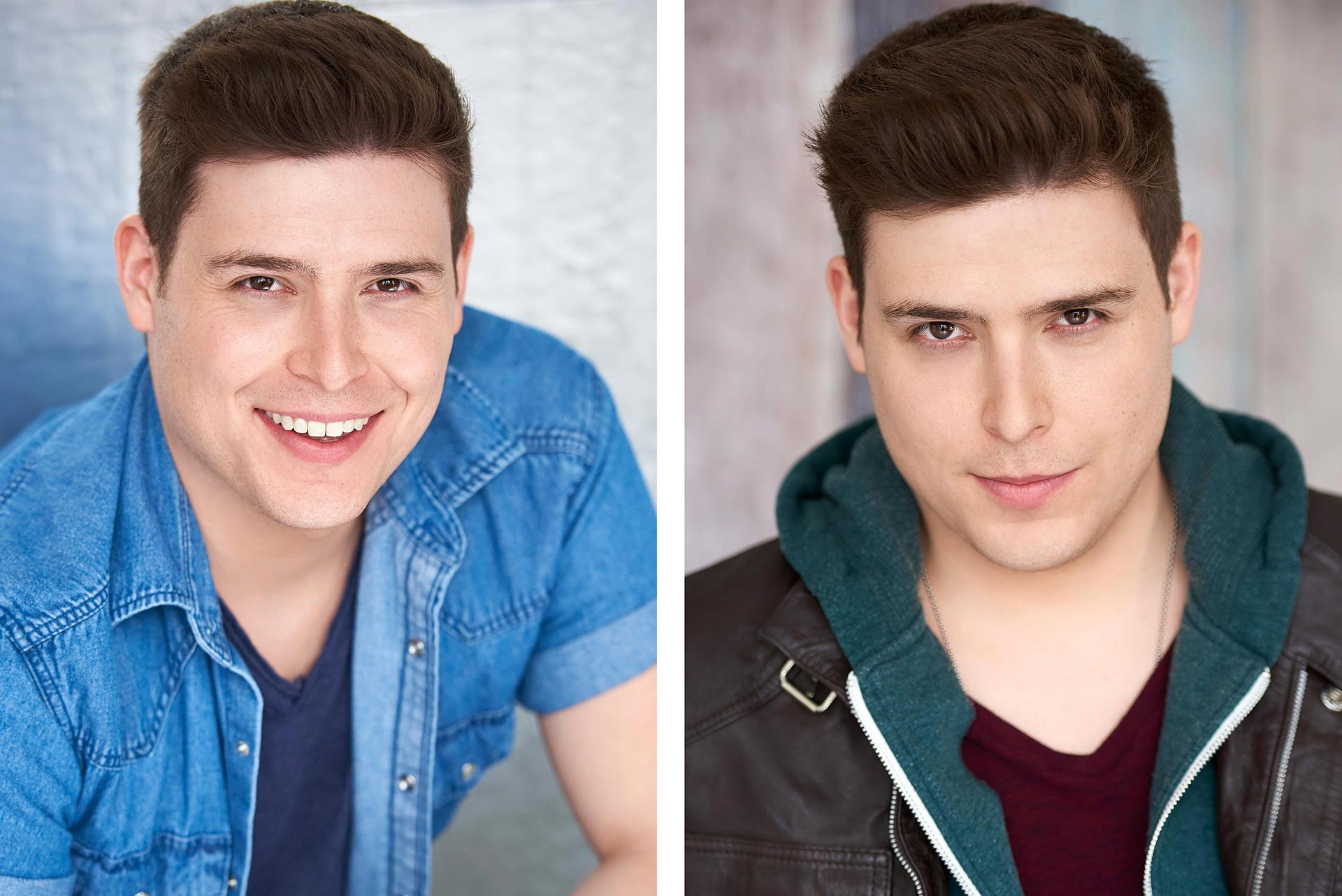 Commercial vs Theatrical Headshots for Actors: A Visual Guide by Sergio Garcia Headshots Smiling actor in a casual outfit for a commercial headshot example, Serious actor with a dark backdrop for a theatrical headshot sample, Female actor with light makeup and natural lighting for a commercial headshot, Male actor in a dramatic pose with moody lighting for a theatrical headshot, Side-by-side comparison of commercial and theatrical headshots of the same actor