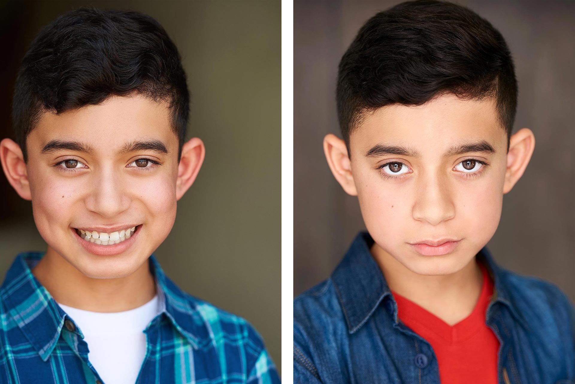 Commercial vs Theatrical Headshots for Actors: A Visual Guide by Sergio Garcia Headshots Smiling actor in a casual outfit for a commercial headshot example, Serious actor with a dark backdrop for a theatrical headshot sample, Female actor with light makeup and natural lighting for a commercial headshot, Male actor in a dramatic pose with moody lighting for a theatrical headshot, Side-by-side comparison of commercial and theatrical headshots of the same actor
