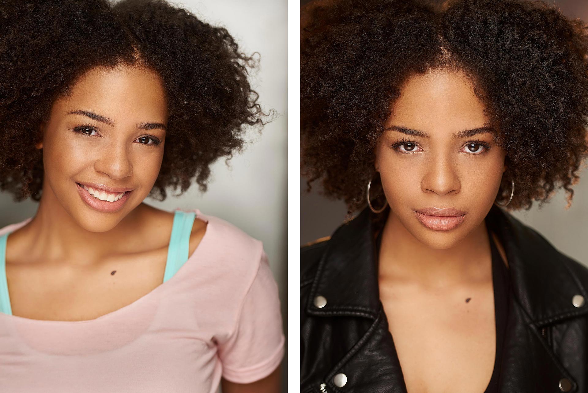 Commercial vs Theatrical Headshots for Actors: A Visual Guide by Sergio Garcia Headshots Smiling actor in a casual outfit for a commercial headshot example, Serious actor with a dark backdrop for a theatrical headshot sample, Female actor with light makeup and natural lighting for a commercial headshot, Male actor in a dramatic pose with moody lighting for a theatrical headshot, Side-by-side comparison of commercial and theatrical headshots of the same actor