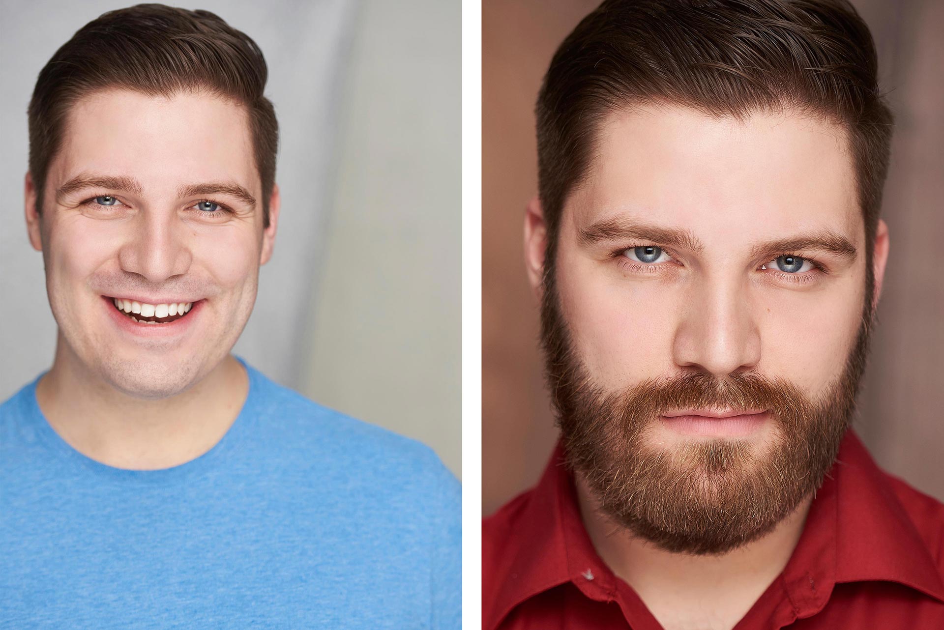 Commercial vs Theatrical Headshots for Actors: A Visual Guide by Sergio Garcia Headshots Smiling actor in a casual outfit for a commercial headshot example, Serious actor with a dark backdrop for a theatrical headshot sample, Female actor with light makeup and natural lighting for a commercial headshot, Male actor in a dramatic pose with moody lighting for a theatrical headshot, Side-by-side comparison of commercial and theatrical headshots of the same actor