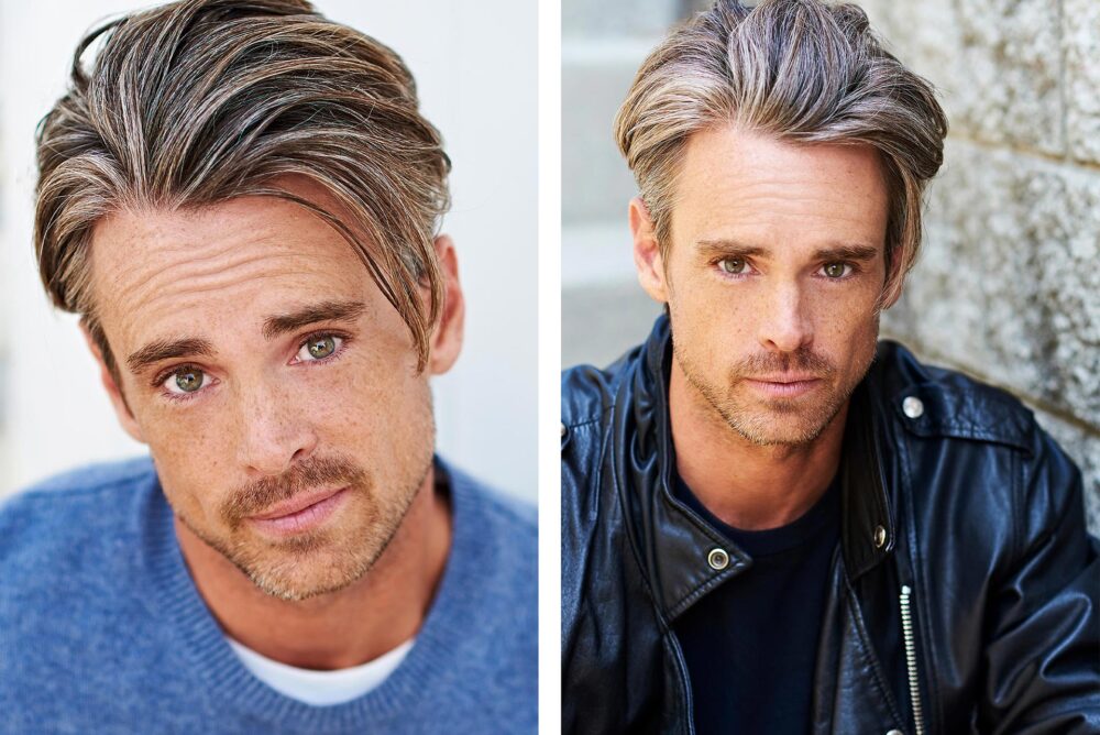 Smiling actor in a casual outfit for a commercial headshot example, Serious actor with a dark backdrop for a theatrical headshot sample, Female actor with light makeup and natural lighting for a commercial headshot, Male actor in a dramatic pose with moody lighting for a theatrical headshot, Side-by-side comparison of commercial and theatrical headshots of the same actor