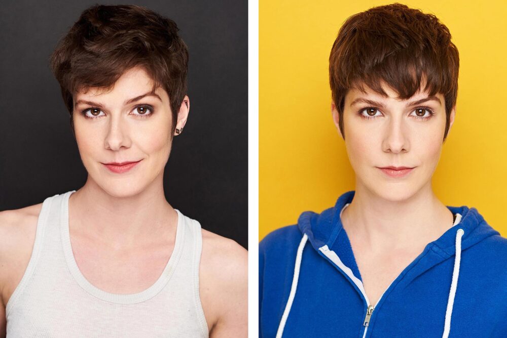 Smiling actor in a casual outfit for a commercial headshot example, Serious actor with a dark backdrop for a theatrical headshot sample, Female actor with light makeup and natural lighting for a commercial headshot, Male actor in a dramatic pose with moody lighting for a theatrical headshot, Side-by-side comparison of commercial and theatrical headshots of the same actor