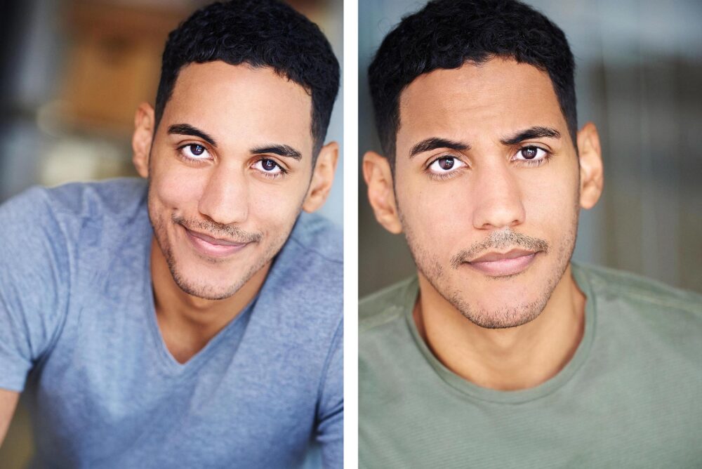 Smiling actor in a casual outfit for a commercial headshot example, Serious actor with a dark backdrop for a theatrical headshot sample, Female actor with light makeup and natural lighting for a commercial headshot, Male actor in a dramatic pose with moody lighting for a theatrical headshot, Side-by-side comparison of commercial and theatrical headshots of the same actor