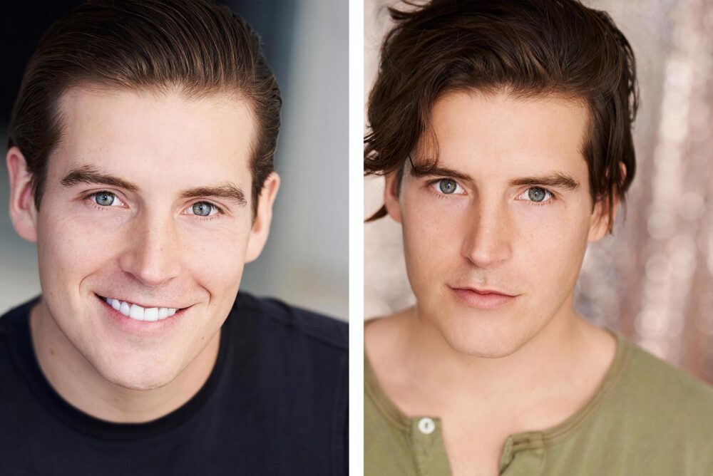 Smiling actor in a casual outfit for a commercial headshot example, Serious actor with a dark backdrop for a theatrical headshot sample, Female actor with light makeup and natural lighting for a commercial headshot, Male actor in a dramatic pose with moody lighting for a theatrical headshot, Side-by-side comparison of commercial and theatrical headshots of the same actor