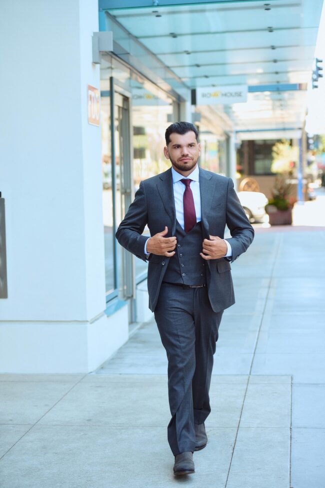 Formal dating profile photo for men, full-body city portrait in a suit for dating apps, polished profile image for Hinge, Bumble, Tinder, Raya, and matchmaking platforms