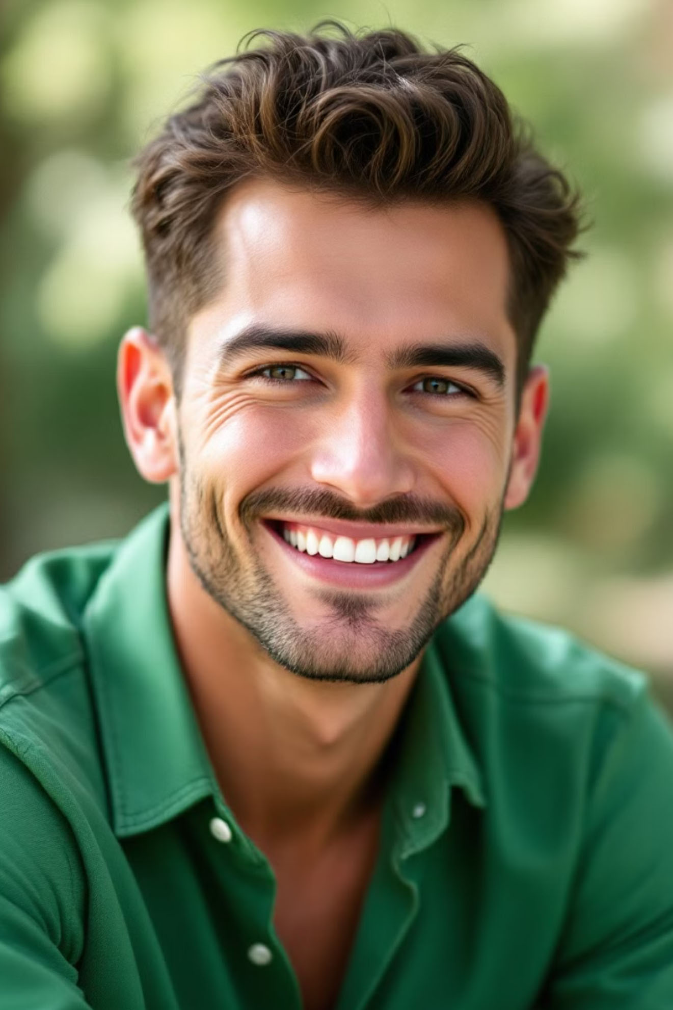 Green Shirt for Dating Profile Photos Man smiling in a green shirt for a close-up dating profile photo.