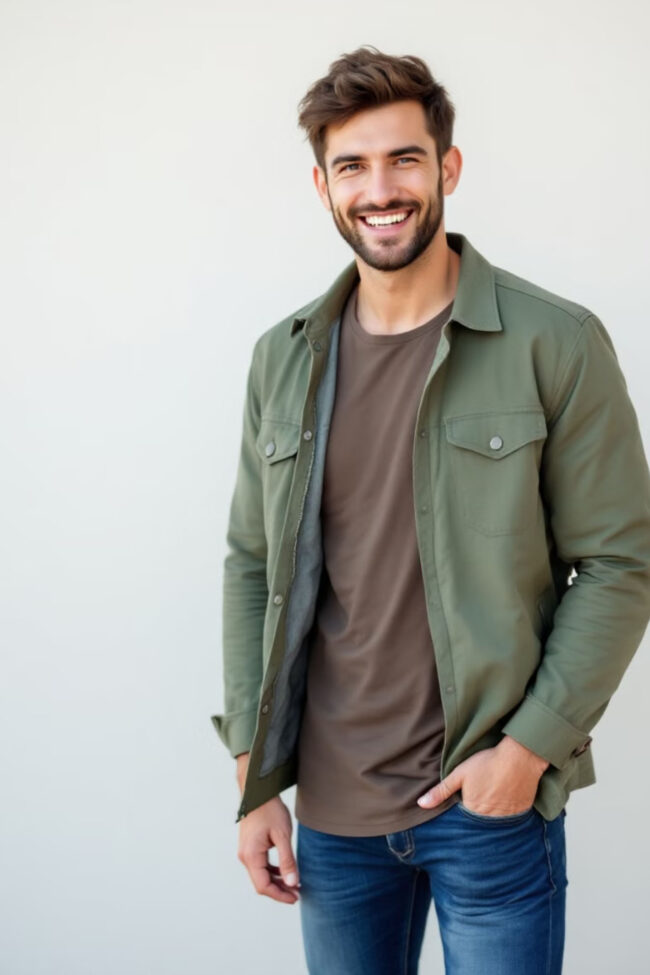 Man wearing an olive overshirt, neutral T-shirt, and jeans for a casual dating profile photo.