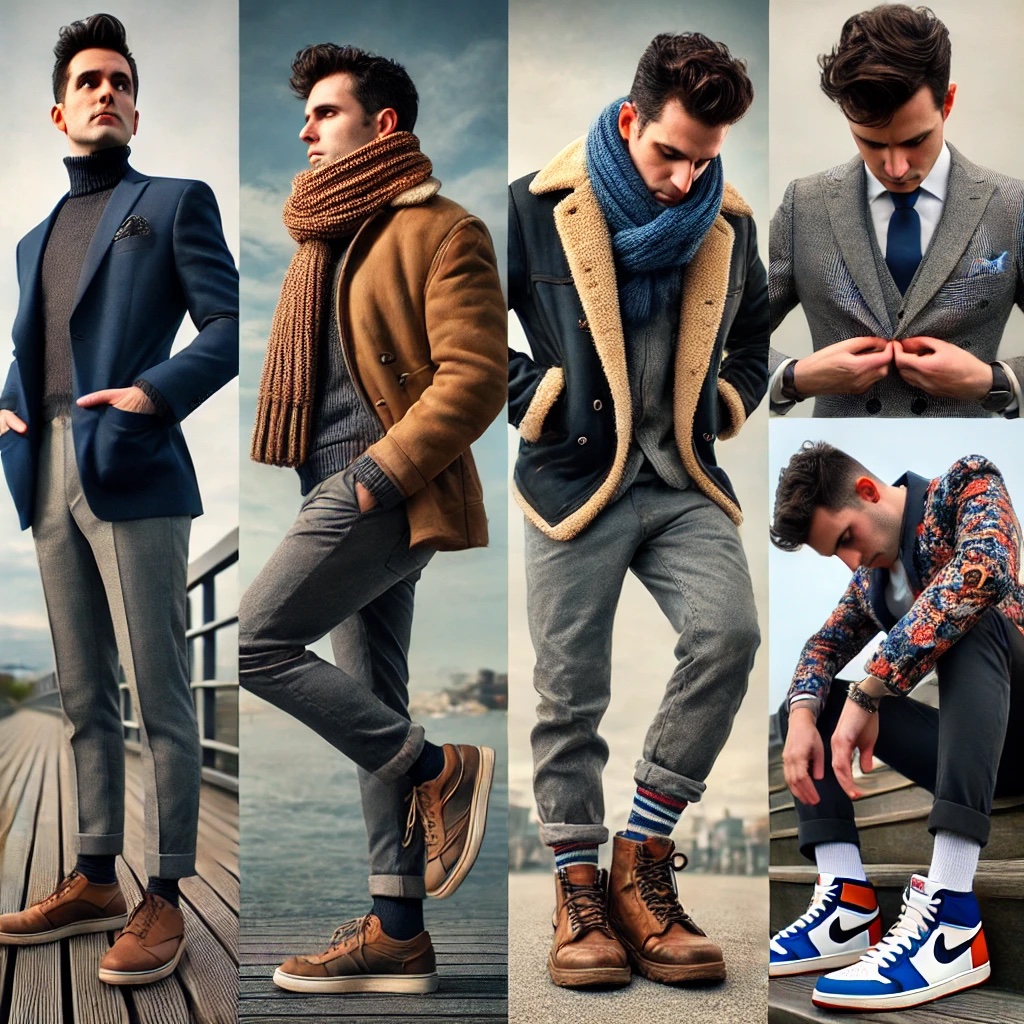 Men’s Outfit Inspiration for Dating Profile Photos Collage of men’s outfit ideas with blazers, scarves, jackets, sneakers, and layered looks for dating profile photos.