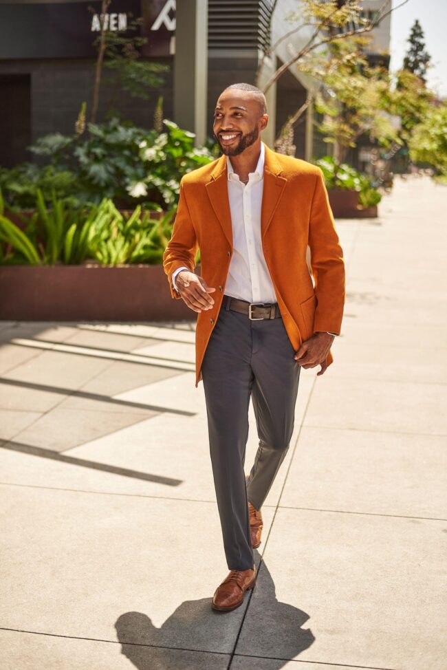 Los Angeles photographer dating profile portrait, man walking outdoors in a stylish outfit for dating apps, online profiles, personal branding, and approachable profile photos